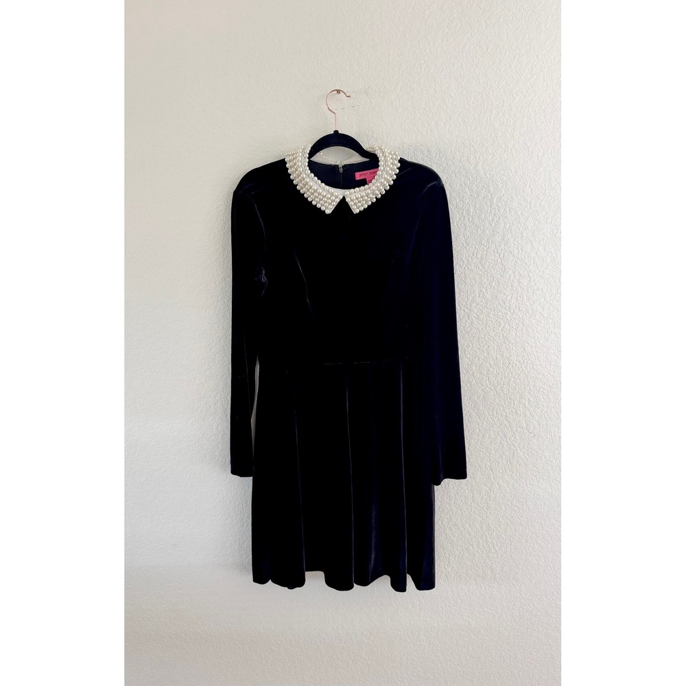 Betsey Johnson Velvet Dress Womens 14 Black Pearl Collar Long Sleeve Mini Dress‎